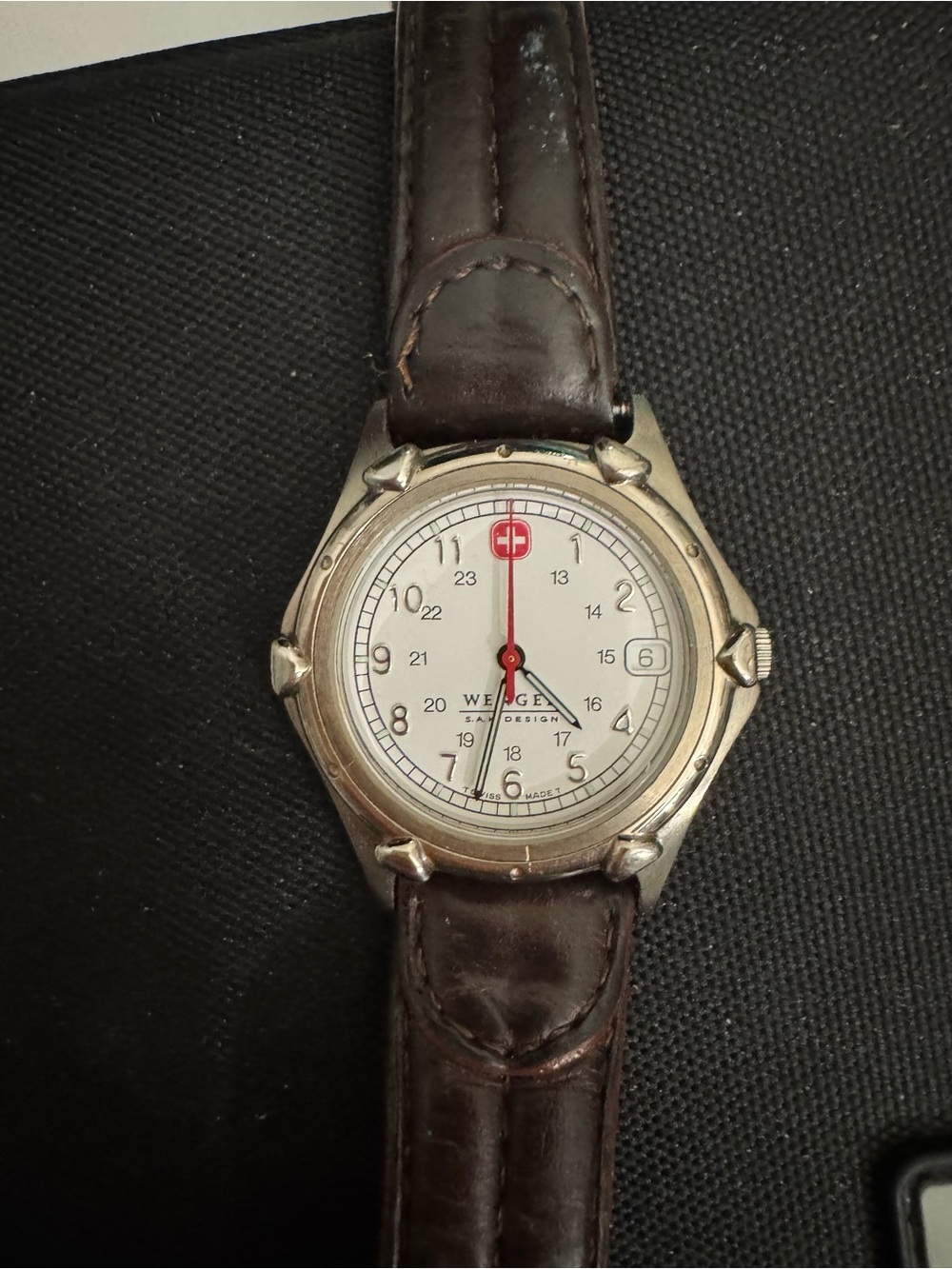 Wenger Silver Case White Dial Brown Leather Strap Watch